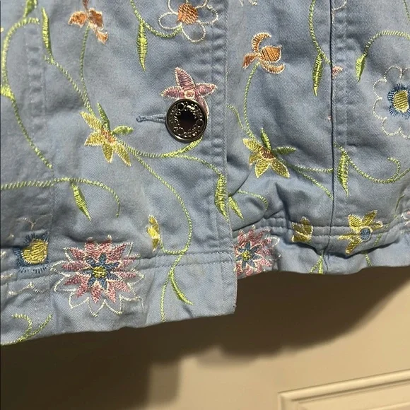 Blue and Pink Floral Embroidered Jean Jacket - Picture 9 of 11